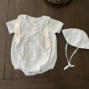 Petit Ami Blue Sailor Collar Knot Romper 3 Months 3M Hat Baby Boys Bubble